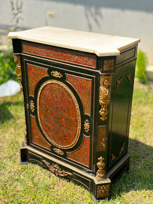 comodă antic în stil Napoleon III, marchetărie „Boulle" (broască-țestoasă și bronz), blat marmură