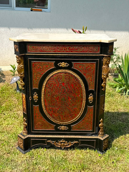 comodă antic în stil Napoleon III, marchetărie „Boulle" (broască-țestoasă și bronz), blat marmură