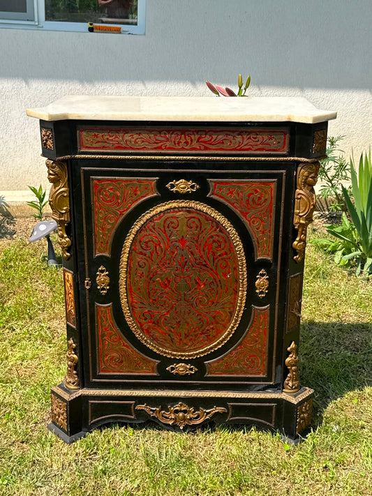 comodă antic în stil Napoleon III, marchetărie „Boulle" (broască-țestoasă și bronz), blat marmură