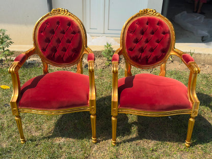 Set 2 fotolii Baroc/Ludovic XVI, lemn masiv auriu, tapițerie catifea roșie