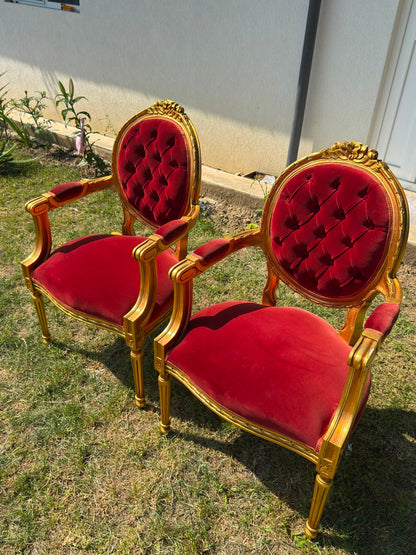 Set 2 fotolii Baroc/Ludovic XVI, lemn masiv auriu, tapițerie catifea roșie